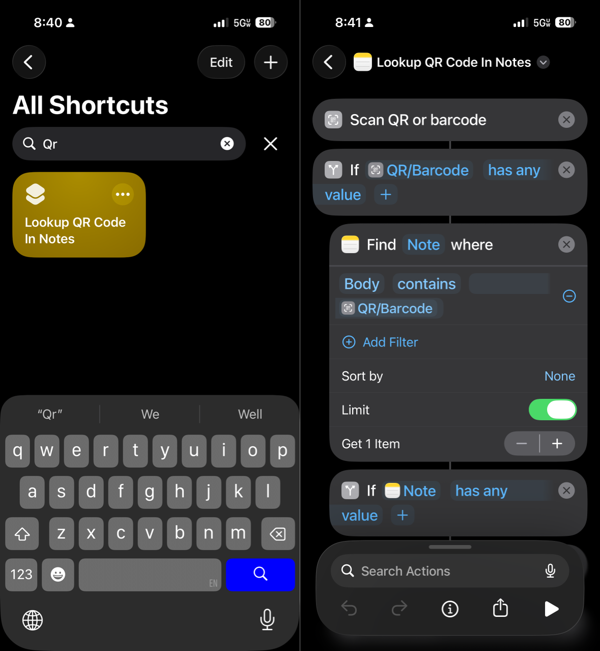 Side-by-side screenshots of the Shortcuts app, displaying the scripted prototype of the application I built Shortcuts screenshot